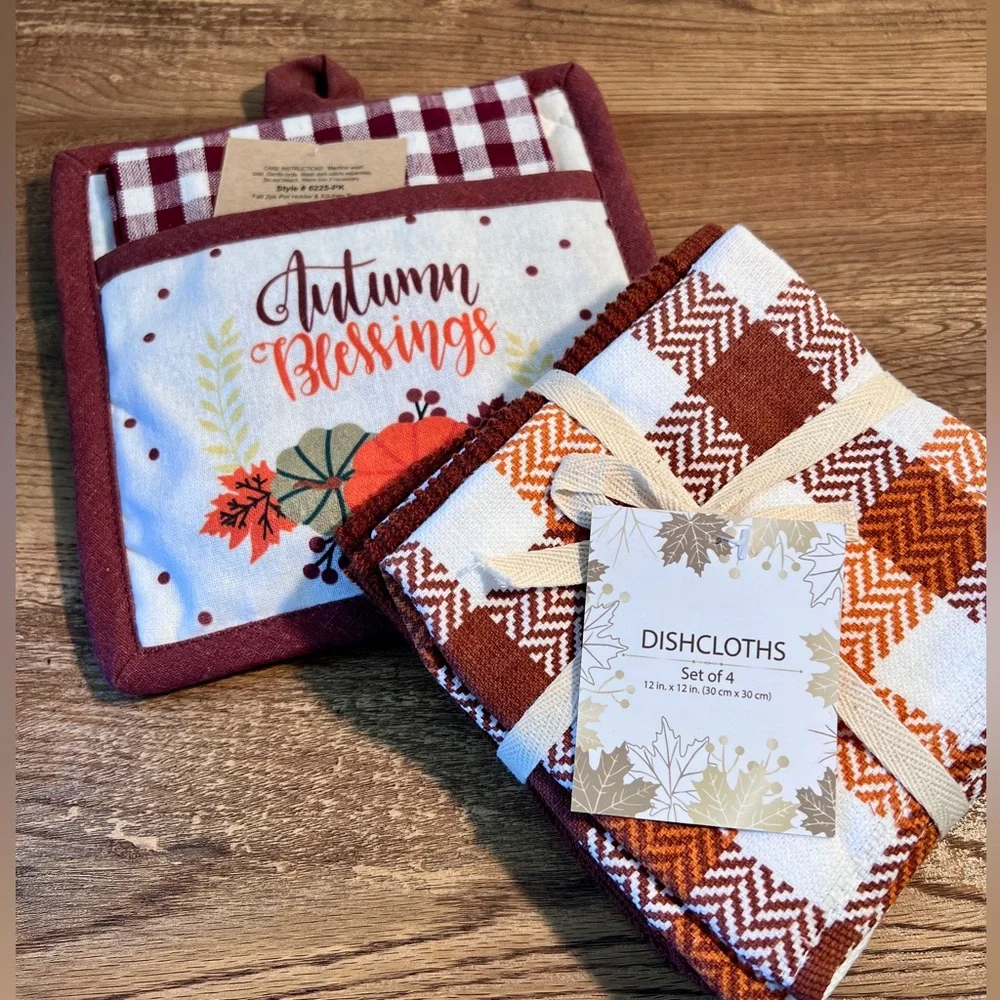 Autumn Blessings Pot Holder and Towel‎ Set and Set of Four Dishcloths